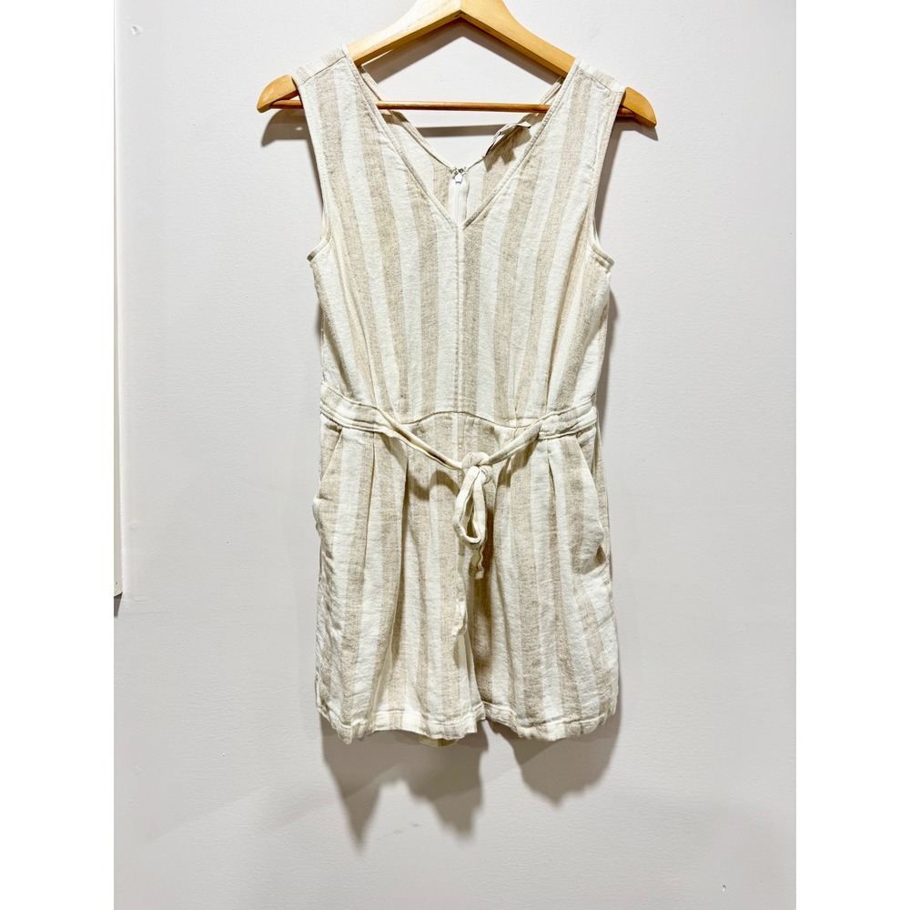 LOFT Striped Linen Blend Sleeveless Romper Beige White Size 4